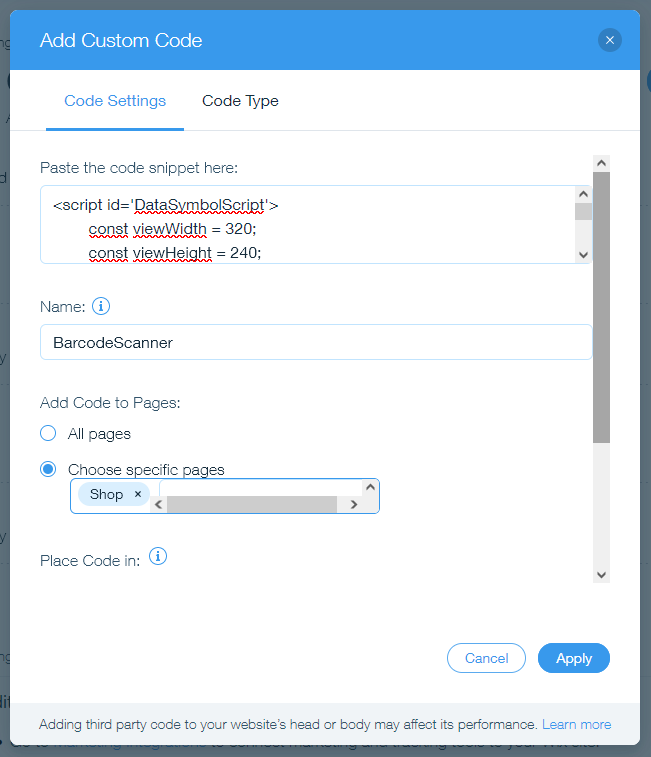 Wix add barcode scanner custom code