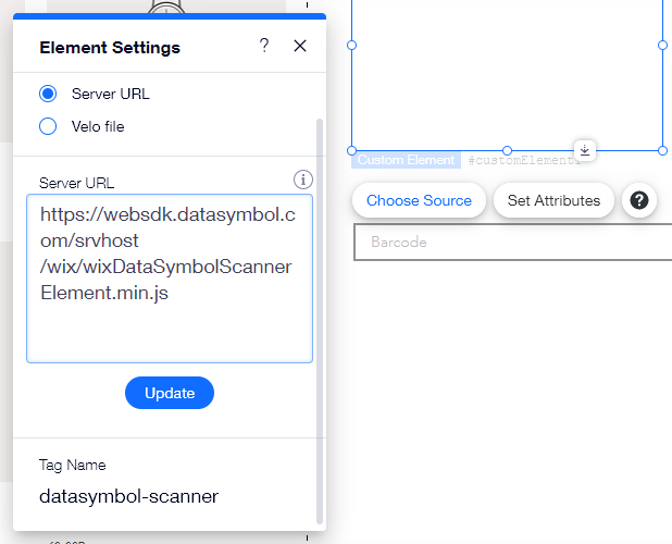 Wix. choose barcode scanner custom element source URL and tag name