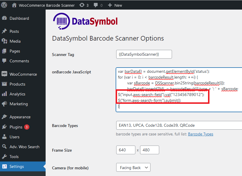 Pass barcode in woocommerce search field