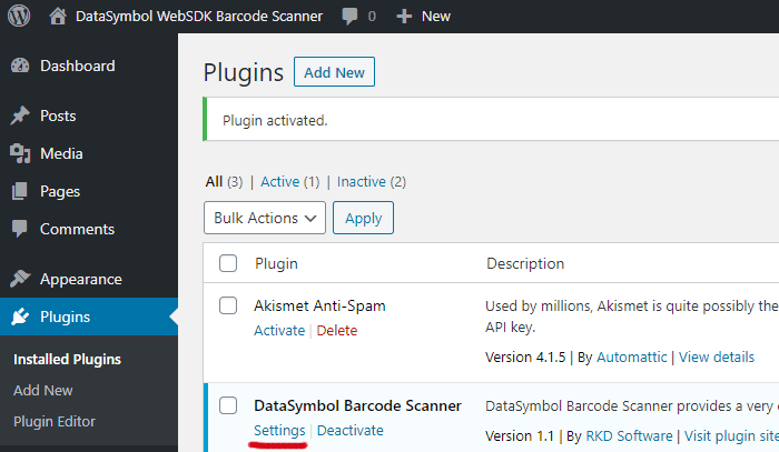 Select Settings to change Barcode Scanner Plugin for WordPress