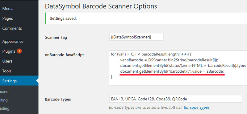 WordPress JavaScript code to insert barcode in input tag