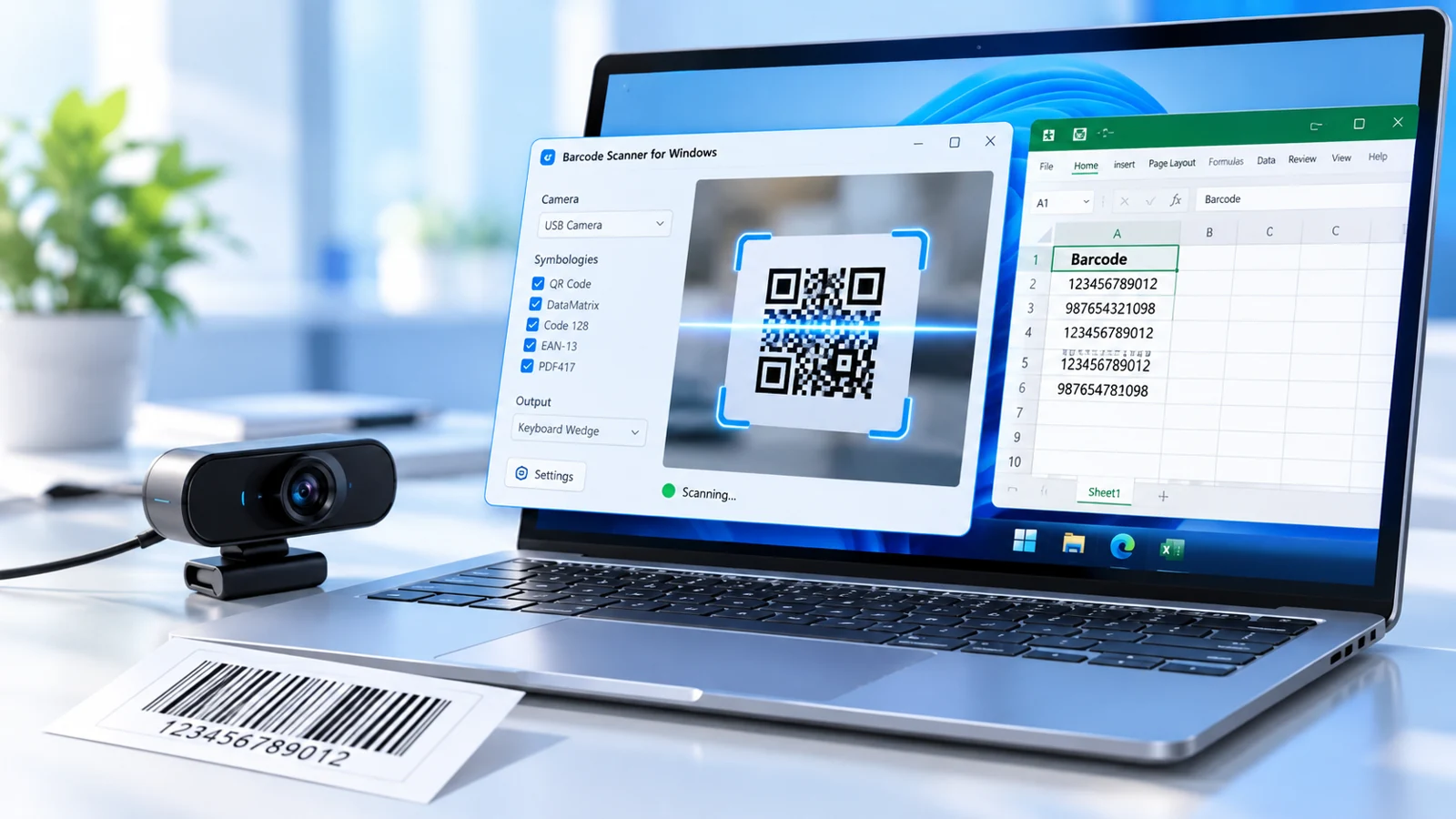 Concept illustration: a webcam reads a barcode and transfers its value to Excel on a Windows laptop